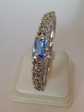NEW  Blue Topaz Crystal and Two Tone Bangle Bracelet with clasp closure